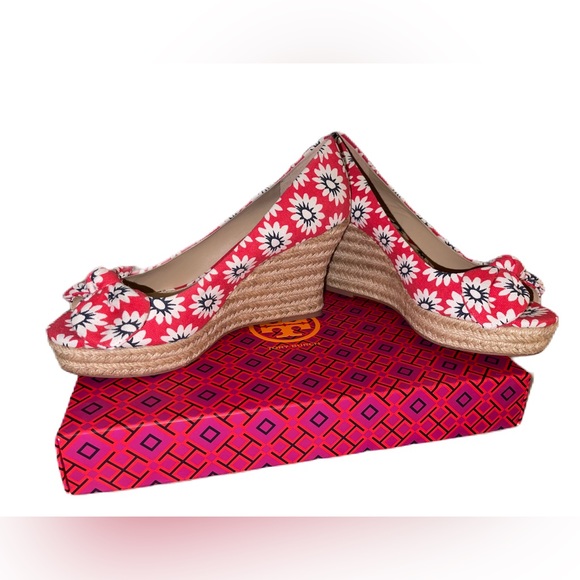 Tory Burch Dory Nantucket Red Navy Sea White Primrose Peep Toe Espadrille Wedges - Picture 3 of 15